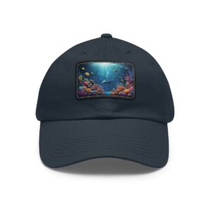 Navy dad hat with a vibrant undersea scene on a leather patch featuring exotic fish.