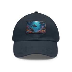 Navy dad hat with a leather patch showcasing marine life in ocean blues.