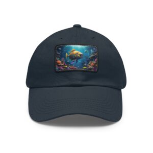 Navy dad hat with a deep-sea scene on a leather patch featuring colorful coral and fish.