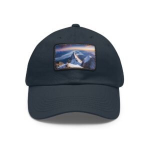 Navy dad hat with a sunset mountain scene on a leather patch.