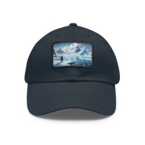 Dad Hat with rectangular patch showing a lone explorer standing in a vast icy landscape with mountains