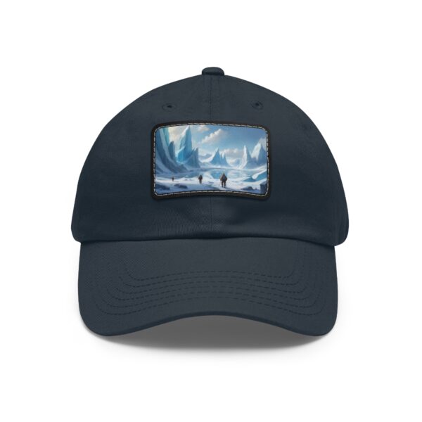 Dad Hat with rectangular patch depicting an icy landscape with two explorers in a snowy terrain