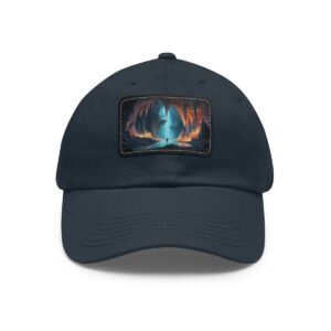 Dad Hat with rectangular patch featuring a glowing blue crystal in a mysterious cave setting