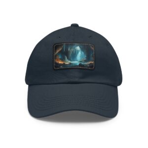 Dad Hat with rectangular patch featuring a mystical waterfall glowing in a dark, enchanted forest