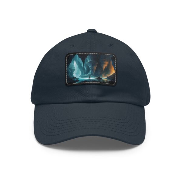 Dad Hat with rectangular patch depicting a surreal landscape with glowing ice formations and an ethereal light