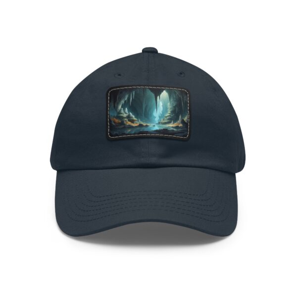 Dad Hat with rectangular patch featuring a mystical forest scene with glowing waterfalls and towering trees