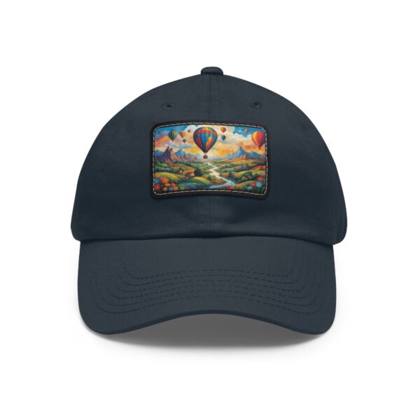 Dad Hat with rectangular patch featuring colorful hot air balloons floating over a scenic river valley