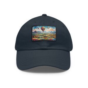 Dad Hat with rectangular patch featuring a colorful hot air balloon floating over a vibrant landscape with mountains