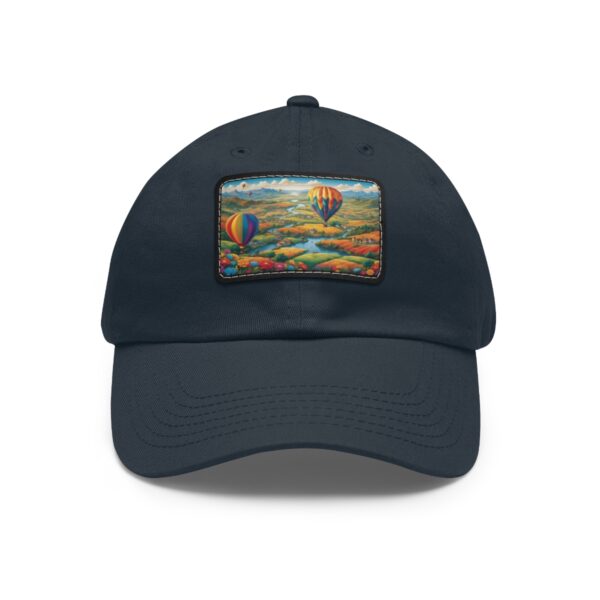 Dad Hat with rectangular patch featuring colorful hot air balloons floating over a scenic landscape