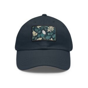 Dad Hat with stitched patch featuring a leafy floral pattern in shades of green, white, and yellow.