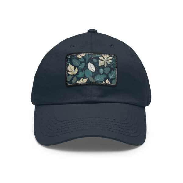 Dad Hat with stitched patch featuring a leafy floral pattern in shades of green, white, and yellow.