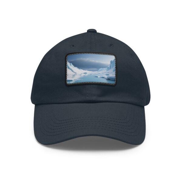 Dad Hat with stitched patch featuring a serene icy landscape with distant glaciers and a calm sky.