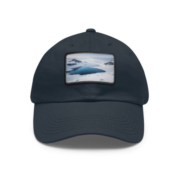 Dad Hat with rectangular patch featuring a snowy landscape with icebergs and distant mountains under a clear sky