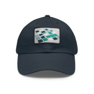 Dad Hat with rectangular patch featuring a geometric design of blue and teal squares in a dynamic pattern