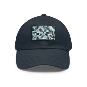 Navy dad hat with a rectangular leather patch featuring a geometric camouflage pattern.