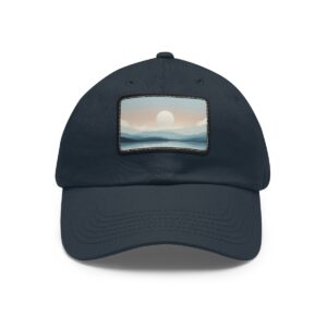 Dad Hat with stitched patch featuring a soft pastel landscape of rolling hills and a rising or setting sun.