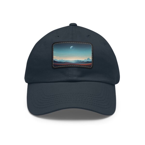 Dad Hat with stitched patch featuring a landscape with distant mountains, a setting or rising sun, and a crescent moon in the sky.