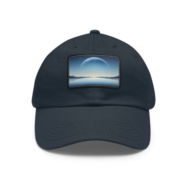 Dad Hat with stitched patch featuring a serene sunrise or sunset with a large rising sun over a calm horizon in soft blue tones.