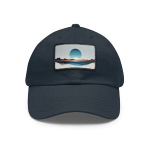 Dad Hat with stitched patch featuring a minimalist mountain landscape with a rising sun in soft blue and orange tones.