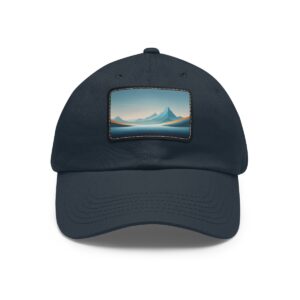 Dad Hat with stitched patch featuring a serene mountain landscape with soft blue tones.