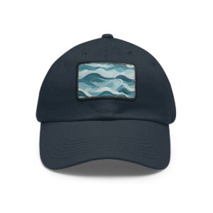 Dad Hat with stitched patch featuring an abstract wavy design in light and dark blue tones.