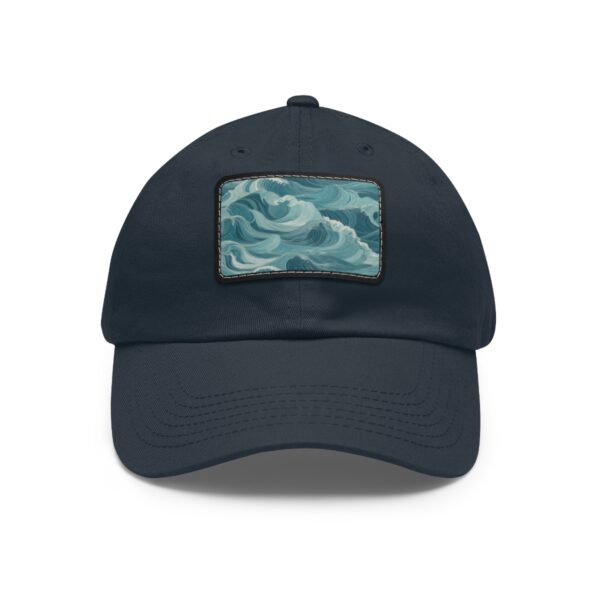 Dad Hat with stitched patch featuring a dynamic wave pattern in various shades of blue.