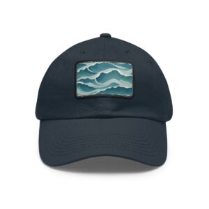 Dad Hat with stitched patch featuring an abstract ocean wave design in various shades of blue.