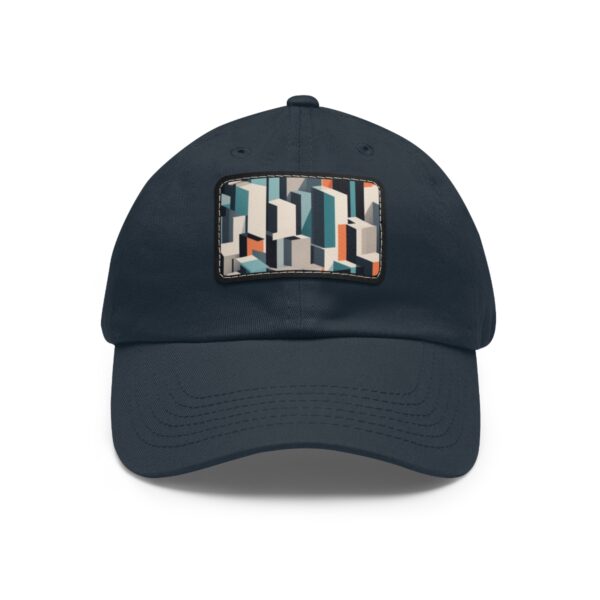 Dad Hat with stitched patch featuring a geometric pattern of stacked shapes in teal, white, and orange.