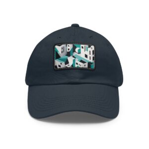 Dad Hat with stitched patch featuring a vibrant geometric cityscape design in teal, white, and black.