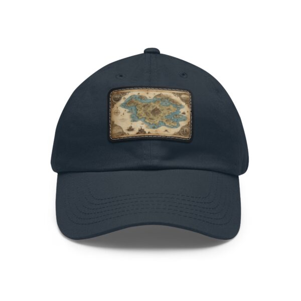 Dad Hat with rectangular patch featuring a detailed vintage-style treasure map with worn edges and blue seas