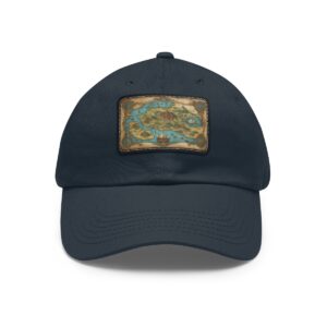 Dad Hat with rectangular patch featuring a detailed vintage treasure map with worn edges and intricate coastal designs