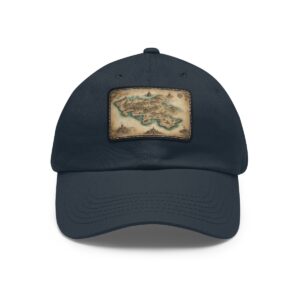 Dad Hat with rectangular patch featuring a vintage-style treasure map with worn edges and intricate land details