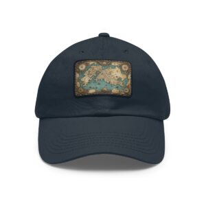 Dad Hat with rectangular patch featuring a detailed antique treasure map with intricate coastal designs on a blue background