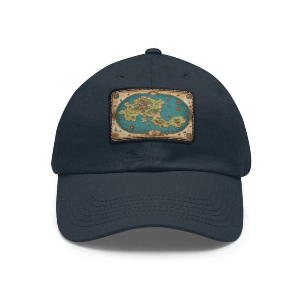 Dad Hat with rectangular patch featuring a vintage-style treasure map on a turquoise background