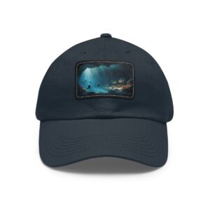 Dad Hat with rectangular patch featuring an underwater scene with a diver and marine life illuminated by rays of sunlight