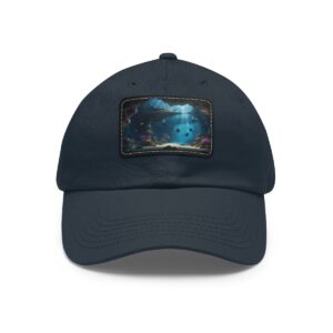 Dad Hat with rectangular patch featuring an underwater scene with a diver exploring a vibrant coral reef