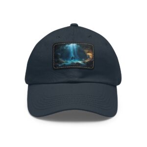 Dad Hat with rectangular patch featuring a diver exploring a deep underwater cave with dramatic light beams