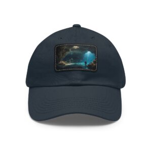 Dad Hat with rectangular patch featuring a diver exploring an underwater cave illuminated by beams of light