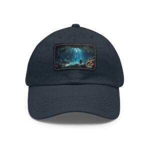 Dad Hat with rectangular patch featuring a diver exploring an underwater scene with coral reefs and sunlight filtering through the water