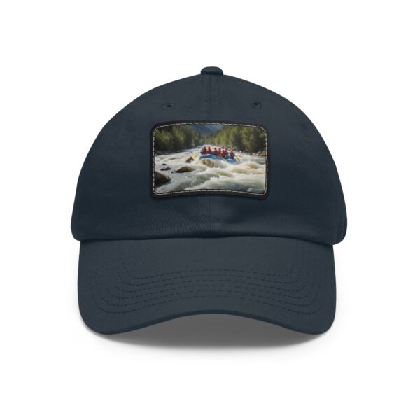 Dad Hat with rectangular patch featuring a group of adventurers rafting through intense white-water rapids