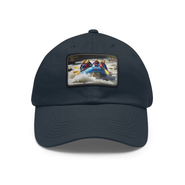 Dad Hat with rectangular patch featuring a group of rafters navigating through white-water rapids