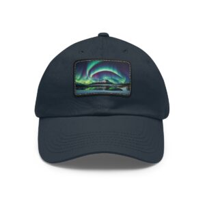 Dad Hat with rectangular patch featuring swirling Northern Lights over a tranquil Arctic landscape with reflective waters