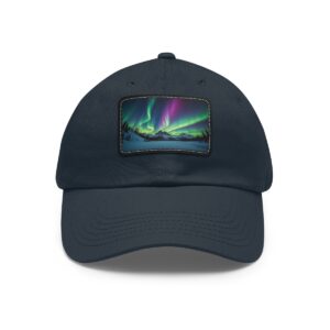 Dad Hat with rectangular patch featuring vibrant Northern Lights swirling over a snowy Arctic landscape