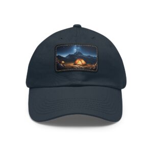 Dad Hat with rectangular patch featuring a glowing tent set in a mountain valley under a starry night sky