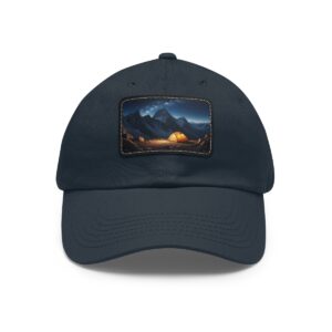 Dad Hat with rectangular patch featuring a glowing campsite under a night sky with mountains in the background