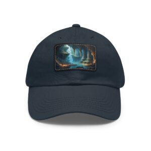 Dad Hat with rectangular patch featuring an underground lake with glowing blue waters and stalactites