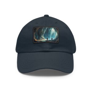 Dad Hat with rectangular patch featuring two explorers standing in a vast, illuminated cave with glowing walls