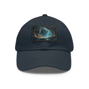 Dad Hat with rectangular patch featuring a glowing blue light in a mystical cave with stalactites