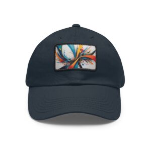 Dad Hat with stitched patch featuring a dynamic abstract design with vibrant, colorful bursts.