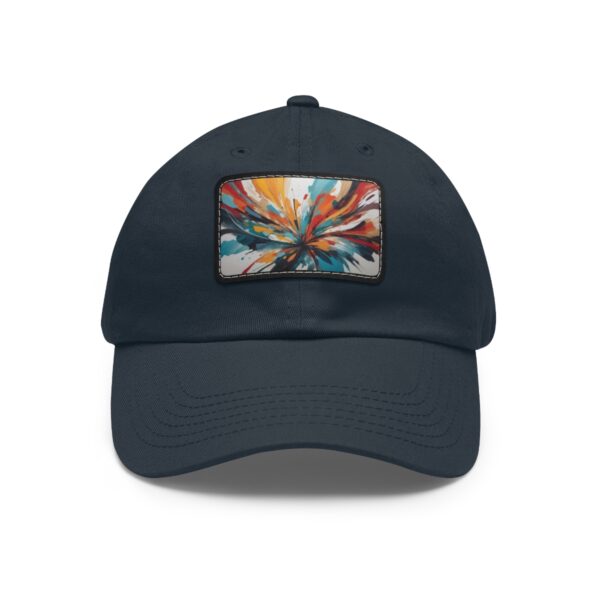 Dad Hat with stitched patch featuring a vibrant abstract burst design with swirling colors.